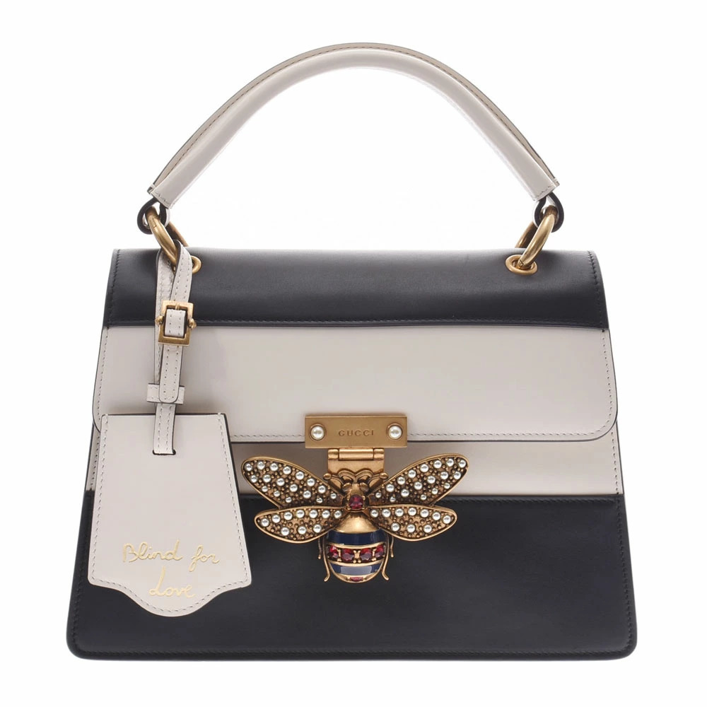GUCCI Queen Margaret Top Handle Bag White Black Calfskin Jeweled Faux Pearl